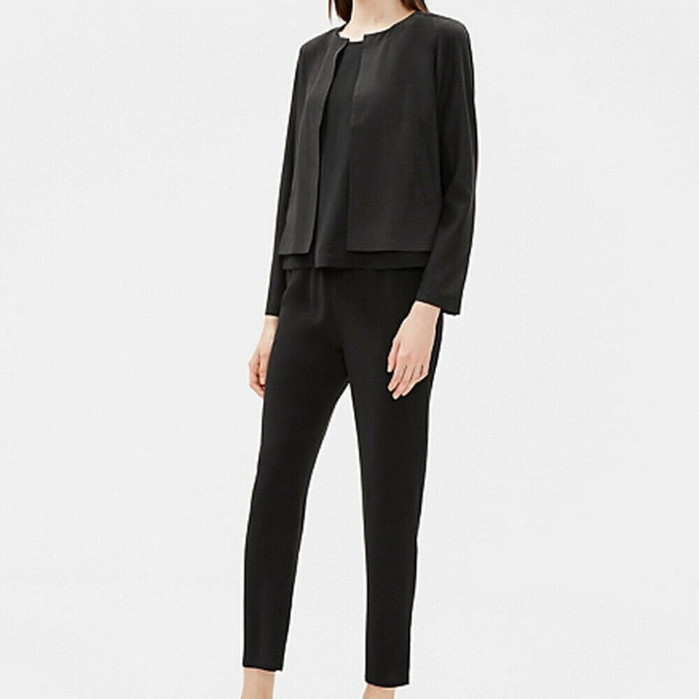 Eileen Fisher Black Sandwashed Round Neck Jacket Blazer
